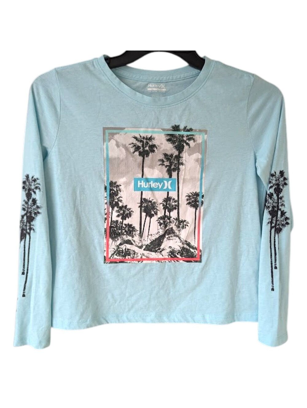 Hurley Long Sleeve T-shirt XL Youth Blue Sparkle Palm Tree Skater Surf y2k 18x20